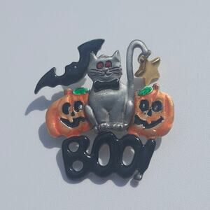 Vintage AJMC Halloween Cat Jack O Lantern Bat Boo Enamel Rhinestone Brooch Pin